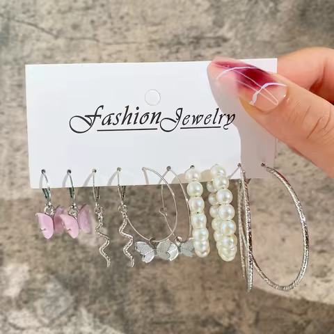 Women's Pink Butterfly Earrings Swirly Dangles/Imitation Pearl /Textured Silver Color Hoop Earrings 