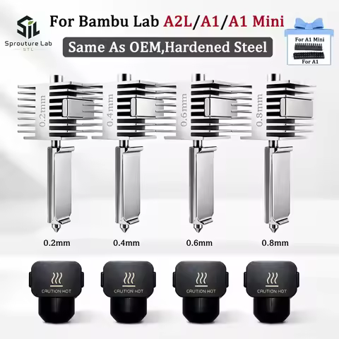 Hotend Kit For Bambu Lab A2L/A1/A1 Mini Hot End Assembly 0.2/0.4/0.6/0.8mm Hardened Steel One-Piece 
