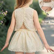 Young Girl Woven Embroidered Solid Color Round Neck Asymmetrical Lace Hem Casual Top And Mini Skirt 