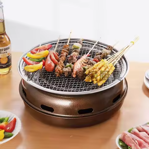 Korean-Style Round BBQ Grill - Portable Charcoal Grill for Outdoor, Backyard, Camping & Picnic - Com