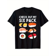 Men's Funny "Check Out My Six Pack" Japanese sushi Graphic T-Shirt - Black Gym & Casual Shirt with S