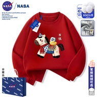 Year Red Sweatshirt Boys Girls Autumn Winter Fleece Lining Round Neck Top Pony Imitation Embroidery 