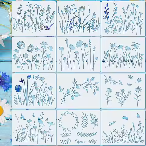 12PCS Floral Plant Stencil Template Flower Leaf Painting Stencil for DIY Wall Furniture Home Decor C