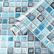 Wallercity Blue Mosaic Wallpaper Mosaic Tiles Wall Sticker for Bathroom 15.8" x 80"
