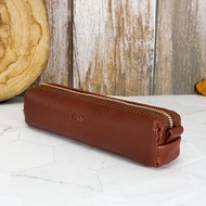 義大利植鞣革長筒型拉鍊文具刷具收納袋(棕色)