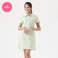 EP ชุดเดรส ทรงตรงผ้าทวีตคอโปโล ผู้หญิง สีเขียว | Polo Neck Tweed Shift Dress | 05052