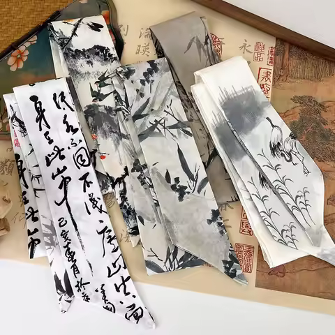 Retro Chinese Ancient Style Ribbon Headband Hair Ring Hair Rope Ink Painting Silk Scarf Woman Tied H