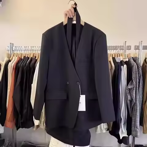 V Neck Blazer for Women with Ribbon Design Casual Chic Loose Fit Black Suit Jacket