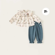 PUTIH KEMEJA (SET1194) Girls' blouse blouse shirt trousers set - cotton - ruffle flower bunny - whit
