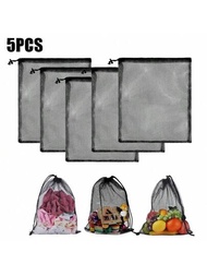 5入組尼龍網拉繩袋,帶繩鎖閉合尼龍網袋,透氣收納組織袋,適用於水果、零食、玩具、雜物
