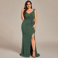 Plus Size Elegant Glamorous High Stretch Sleeveless V Neck Long Gown Split Thigh Green Formal Evenin