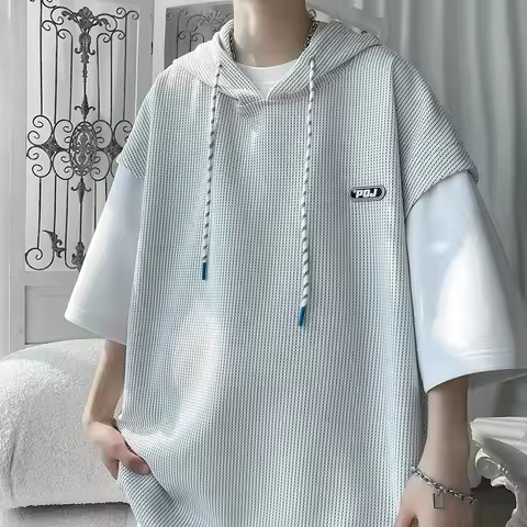 Summer Waffle Hooded Short Sleeve T-shirt Korean Fashion Fake Two Tshirt Y2K Streetwear Oversize Tee