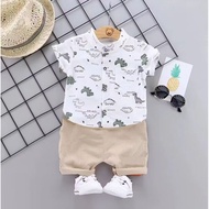 Kids Terno for Boys Dinosaur Print White Shirt Apricot Shorts 2pcs Set Korean Handsome Baby Boy Outf