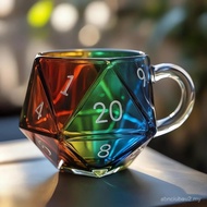 Rainbow Glass D20 Dice Mug, Polyhedral Dice Coffee Cup with Handle, Transparent Glass Game Mug for R