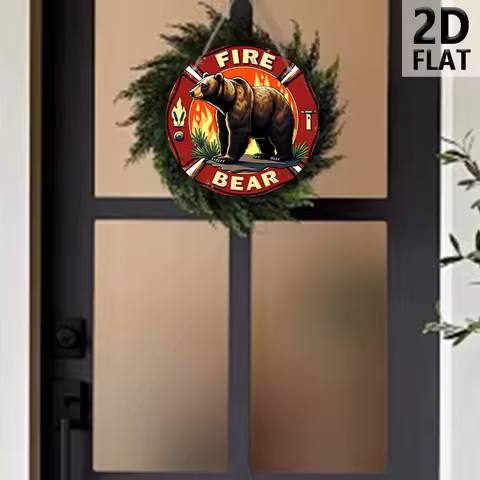 2D Flat, Fire Department-Themed Bear Wooden Wall Plaque - 19.99 cm Round Recycled Wood Sign with Fla
