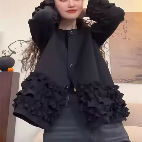 Woman's Coat Fashionable Design Ruffled Edge Black Coat Spring Autumn Beautiful Round Neck Loose Lon