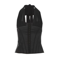 Áo Vest Không Tay Màu Đen Kliou Street Style Slim Fit Polyester Spandex Cổ Treo Xếp Ly Cài Nút Ôm Eo