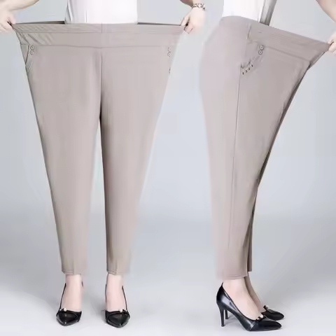 5XL 6XL 7XL 8XL Women Summer Pants Plus size Elastic High Waist Casual Ninth Pants Middle-aged Elder