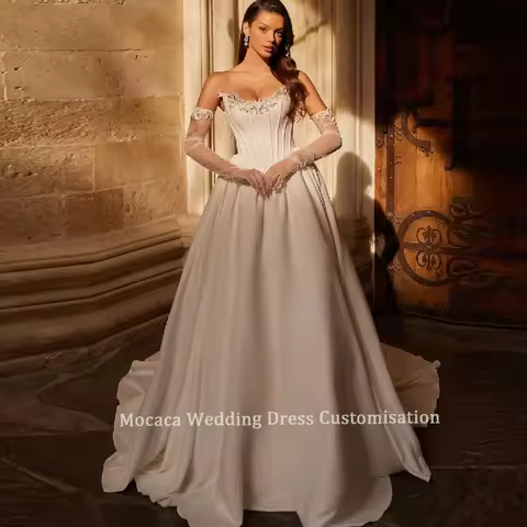 Mocaca Customized Wedding Dresses 3D Floral Corset Ivory Satin Floor Length A-Line Bridal Gown Vesti
