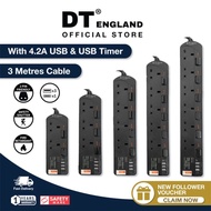 [BLACK SERIES] DT England TYPE C Charger and 4 USB Timer Extension Socket 3 / 6 Metre Cable FOC 2 PI