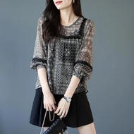 🍄Ready Stock Lace Printed Chiffon Shirt Long Sleeve 2023 Loose Autumn Women Clothes Blouse Labuh Blause Wanita Baju Kemeja Perempuan