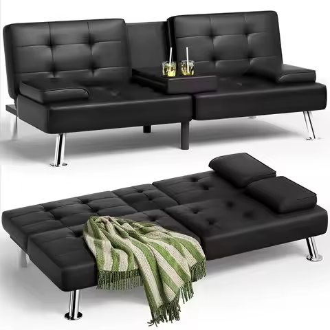 Futon Sofa Bed, Leather Futon Couch with Removable Armrests, Adjustable Recliner Sleeper Sofa Bed wi