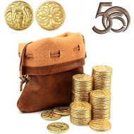 50 Gold Coins  PU Leather Bag DND Metal Coins Fantasy Coin Treasure for Board Games Fake Coins as Ga