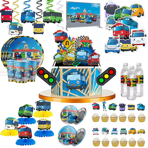 Cartoon Tayo the Little Bus Car Happy Birthday Party Disposable Tableware Paper Plates Cups Napkins 