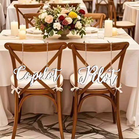 Pilot & Co-pilot Chair Signs - White Wooden Wedding Decor 12.7cm Height, Travel Theme Chair Back Sig