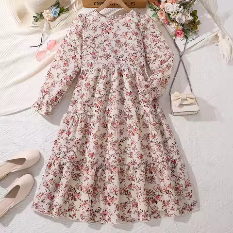 Kids Dress For Girls Beige Pattern Long-Sleeved Dress Classic Design Brief Gentle And Generous Style