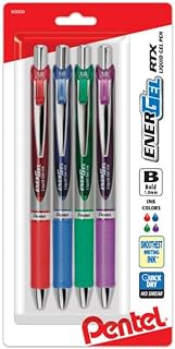 Pentel EnerGel RTX Retractable Liquid Gel Pen, (1.0mm) Metal Tip, Bold Line, Assorted Ink Colors (Red, Blue, Green, Violet)