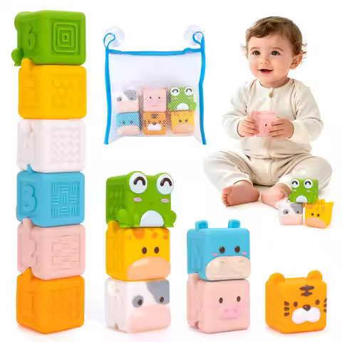 3D Cube Animal Stacking Toys Baby Soft Silicone Building Blocks Toys Bath Toys Toddler Early Educati