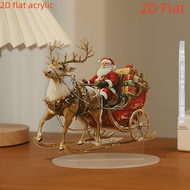 2D Flat, 1 Classic Santa Claus And Reindeer Sled Table Decoration - Red Suit Santa Claus And Gold Sl