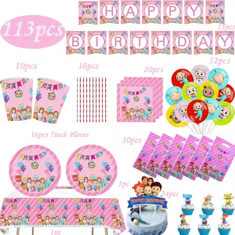 Cocomelon JJ Theme Birthday Party Supplies Decor Kit, Disposable Paper Cups Plates Banner Tablecloth