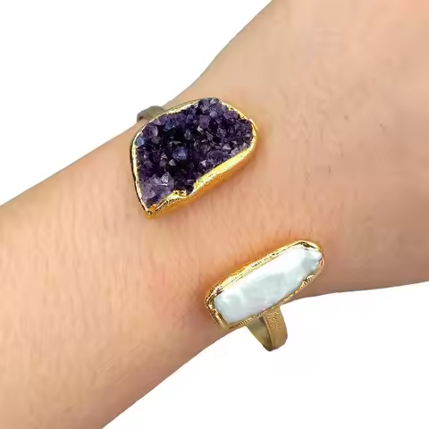 YYGEM Natural Purple Amethyst Druzy Cultured White Biwa Pearl Bangle Bracelet Fashion Women Jewelry