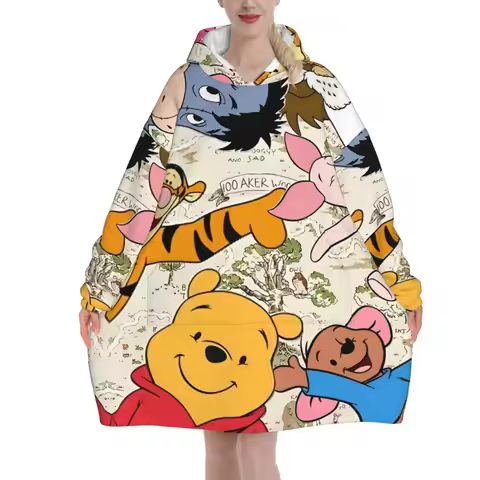 Winnie The Pooh Cartoon Blanket Hoodie Oversized Wearable Sweatshirt Blanket Warm Gifts for Women Gi