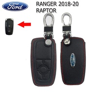 ปลอกกุญแจรีโมทรถฟอร์ด Ford Ranger ปี 2018-21 รุ่นSmart Key เคสหนังแท้หุ้มรีโมทรถยนต์กันรอย ซองหนังแท้กันกระแทก สีดำด้ายแดง งานหนังพรีเมี่ยมเกรดเอ