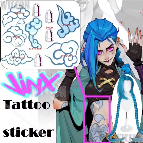 Jinx Cosplay Anime Arcane LOL League of Legends Prop Blue Long Wig Hairband Tattoo Stickers Women Ho