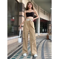 🆕กางเกงคาร์โก้ผู้หญิง เอวปรับได้ กางเกงขากว้างทรงหลวม กระเป๋าขนาดใหญ่หลวมตรงสบาย ๆ ใส่สบาย K00