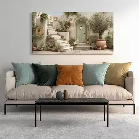 Large-sized solid wood frame canvas painting 1pc Mediterranean entrance, lush greenery.
