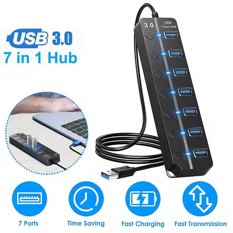 7 In 1 USB HUB USB 3.0 Switch Adapter USB 2.0 Hub High Speed Multi 4 Port Hub USB On/Off Switch Port