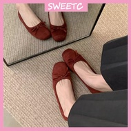 SWEETC Shoes for Women Vintage Square Toe Bow Red Suede Ballet Flats