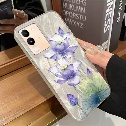 IMD Case For Vivo V40 V30 V29 V27 V25 V23 V21 S10E Painting Purple Flowers Pattern Shockproof Feathe