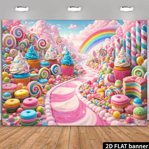 2D Plane Dreamy Candy World Background Cloth - Rainbow Lollipop Cupcake Theme, Home Decoration