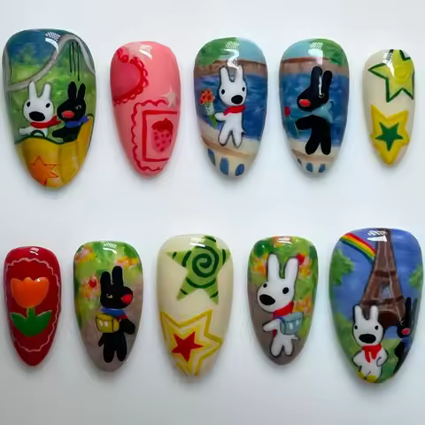 10pcs Sweet Cool Star Handmade Fake Nails Cute Dog Print Press on Nails Full Cover Wearable Y2k Spic