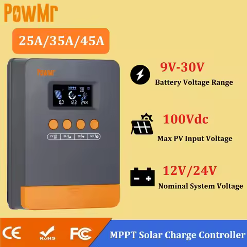 PowMr 25A 35A 45A MPPT Solar Charge Controller LCD With 12V 24V Solar Battery System 9V-30V Lifepo4 