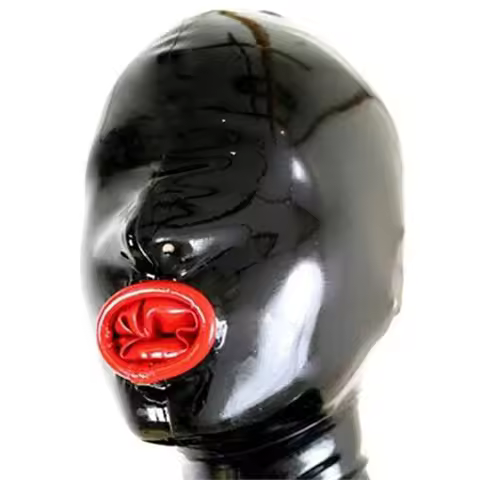Black Latex Hood with Inner Red Mouth Condom Open Nose Back Zipper Rubber Mask Club Wear