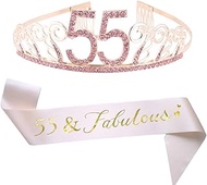 55th Brithday Pink Tiara and Sash, 55 & Fabulous Glitter Satin Sash and Crystal Rhinestone Birthday 