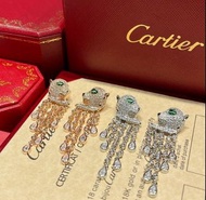 Cartier SOLEIL時尚滿鉆斑點豹流蘇綠寶石耳環