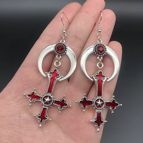 European and American Gothic Retro Blood Cross Moon Pendant Earrings Aesthetic Alt Goth egirl Access
